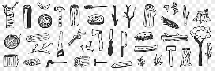 Vector various lumberjack tools doodle set