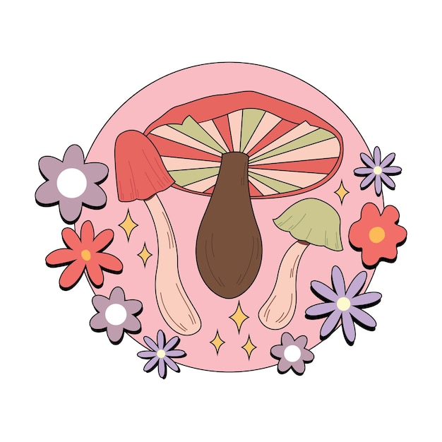Vector various magic hallucinogenic mushrooms fantasy cute elements retro cartoon mushrooms on the grass modern design pin icon sticker hippie style vector flat illustration on an isolated background
