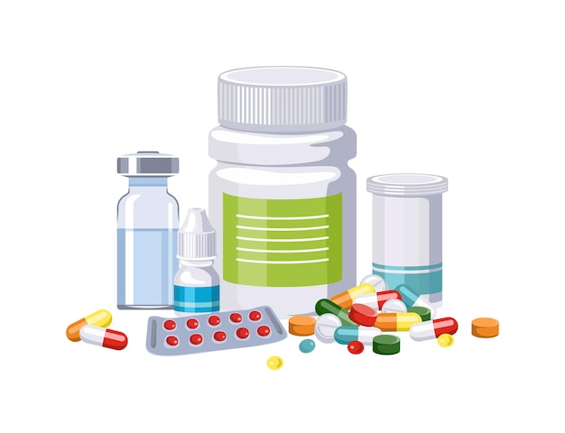 Vector various medicines capsules pills and bottles with drugs