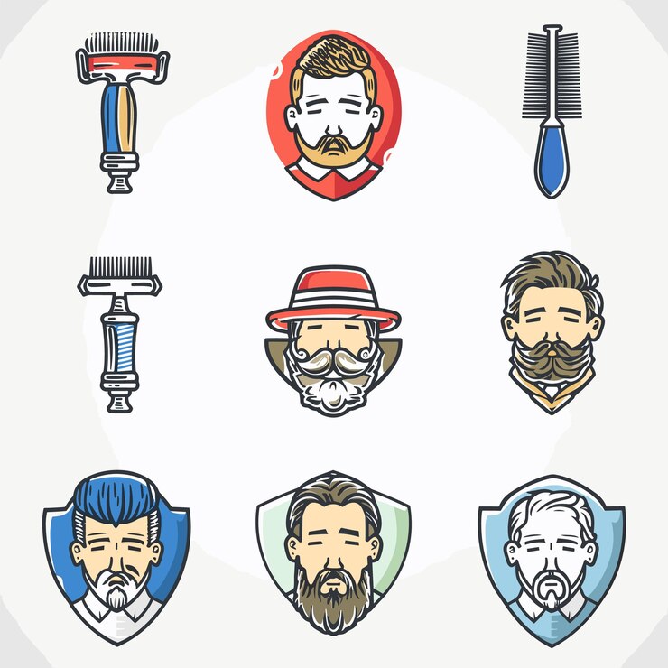 Vector various mens bearded faces unique style barber tools razor comb also depicted cartoonstyle
