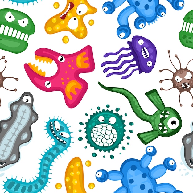 Various microorganisms virus vector cartoon bacteria germ emoticon character seamless pattern