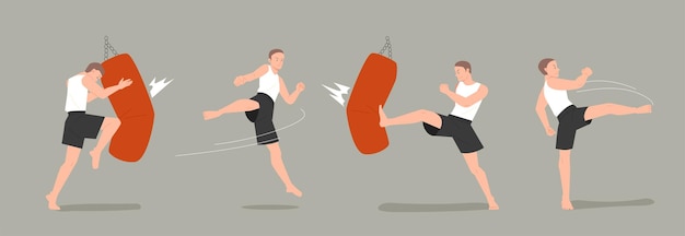 Vari movimenti di kickboxer che si allenano in palestra. illustrazione vettoriale in stile design piatto.