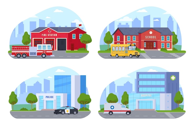 Various municipal buildings civil infrastructure of the city vector illustration