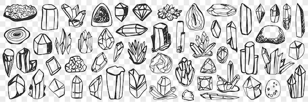 さまざまな天然結晶落書きセット。分離されたさまざまな形や質感の自然な輝きを持つ手描きの結晶のコレクション。