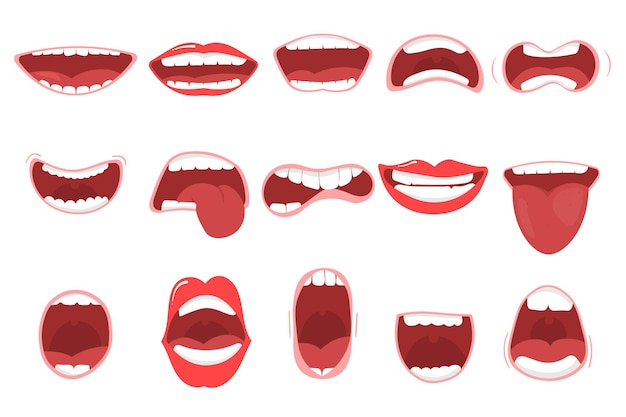 唇、舌、歯を備えたさまざまな口を開けるオプション。さまざまな表情で設定された面白い漫画の口。歯を浮かべて、舌を突き出して、びっくり。漫画