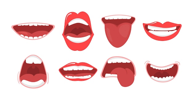 唇、舌、歯のイラスト付きのさまざまな口を開けるオプション