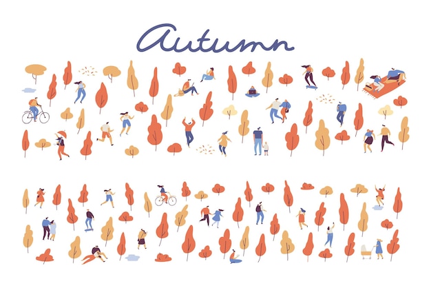 Various people in autumn park vector background Autumn landscape