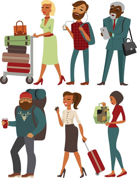 Vector various people cartoon characters with luggage