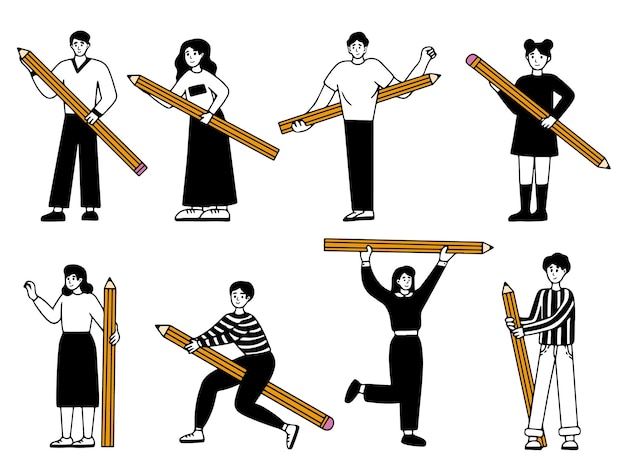 Vector various people with a large pencil funny young students holding writing or painting of giant pencils