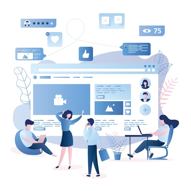 Various people with smart gadgets web page with media content and signs on background vector