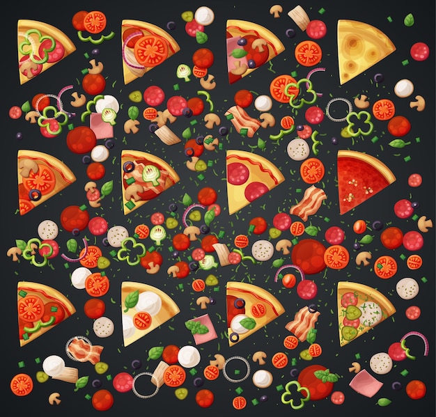 Various pizza top view slices and ingredients