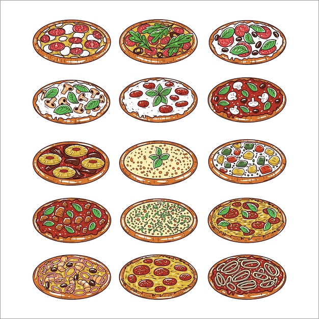 Vector various pizza vector hand drawn illustration