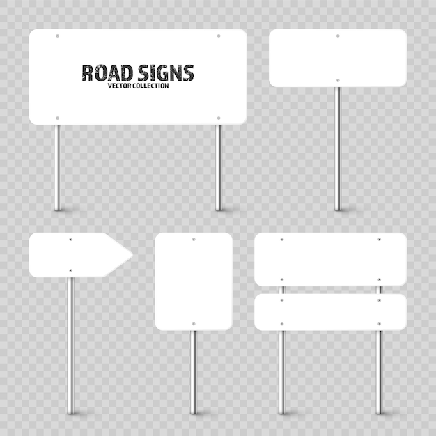 Vector various road traffic signs highway signboard on a chrome metal pole blank white board with place for