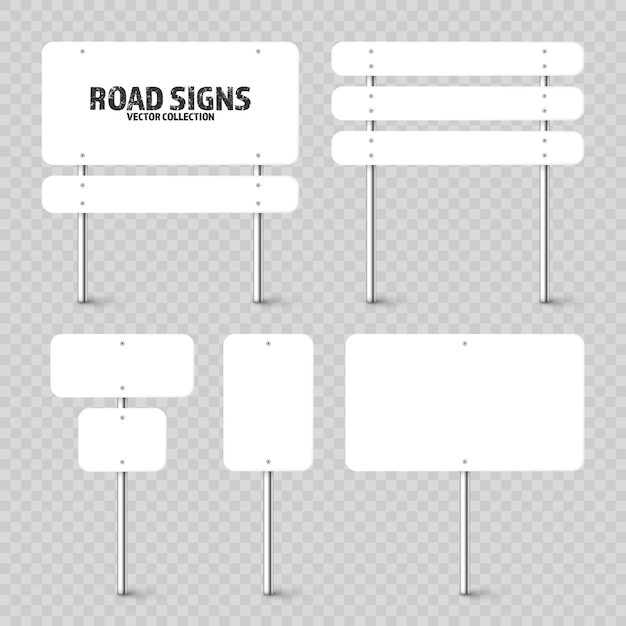 Various road traffic signs highway signboard on a chrome metal pole blank white board with place for