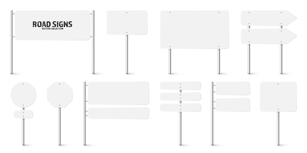 Vector various road traffic signs highway signboard on a chrome metal pole blank white board with place for