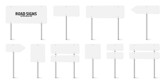Vettore vari segni di traffico stradale cartello stradale su un palo di metallo cromato lavagna bianca con posto per