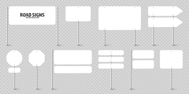 여러 가지 도로 교통 표지판 고속도로 표지판은 크롬 금속 기둥 빈  ⁇  보드에 있습니다.