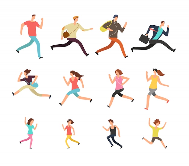 Various running people. Hurrying active male, female and kids vector set