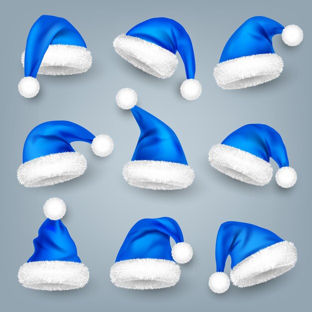 Vector various santa claus hats with fur new year blue hat realistic winter cap christmas greeting card