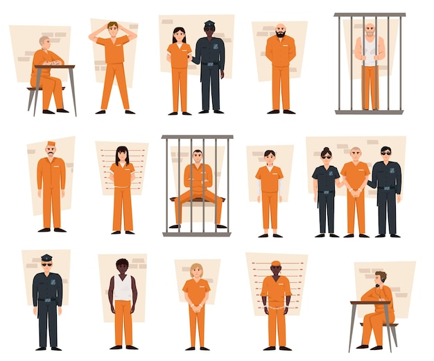 Vector various scenes from a prison on a white background vector illustration in a flat style prison icons