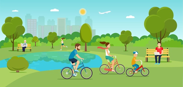Various scenes with people in the city park. vector flat illustration