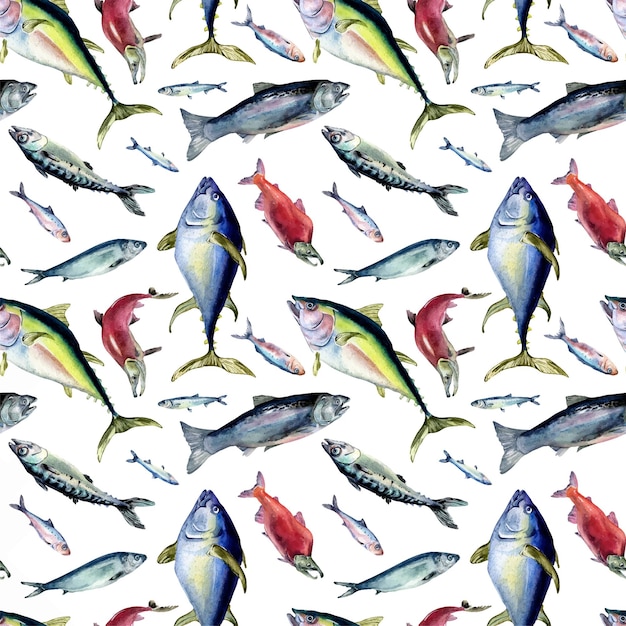 Various sea fishes seamless pattern watercolor illustration isolated on white Wild herring anchovy