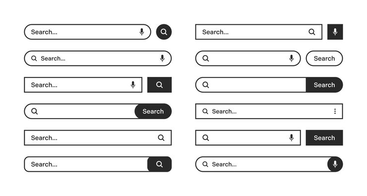 Vector various search bars with outline border internet browser engine with search box address bar and text field ui design website interface element web icons and push button vector illustration