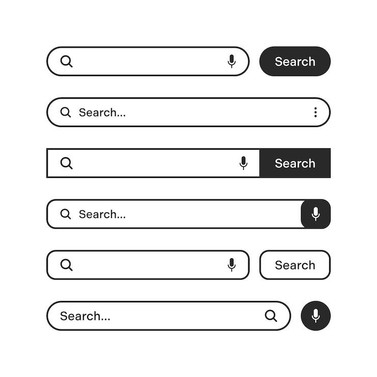 Vector various search bars with outline border internet browser engine with search box address bar and text field ui design website interface element web icons and push button vector illustration