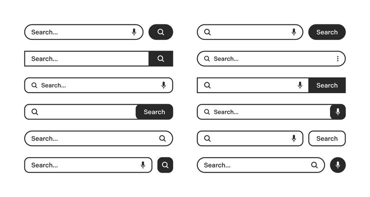 Vector various search bars with outline border internet browser engine with search box address bar and text field ui design website interface element web icons and push button vector illustration