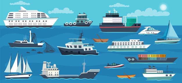 Various ship set marine transport collection of tanker sailboat freight cargo yacht fishing boat cruise liner speedboat shipping vessel nautical voyage and resort vector illustration