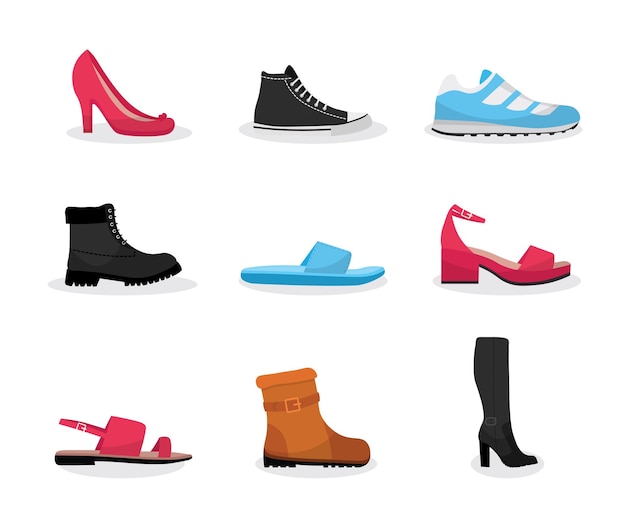 Различные комплекты обуви продажа обуви бизнес индустрия моды магазин одежды витрина сезонная спортивная и элегантная одежда кроссовки кеды сандалии вьетнамки и сапоги