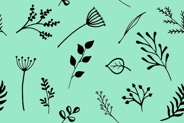 緑の背景に小枝や植物、葉や花序のさまざまなシルエット。ベクトルのシームレスなパターン。