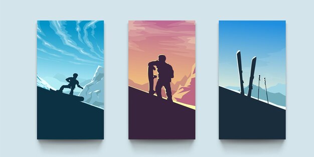 Various ski landscape posters on grey color