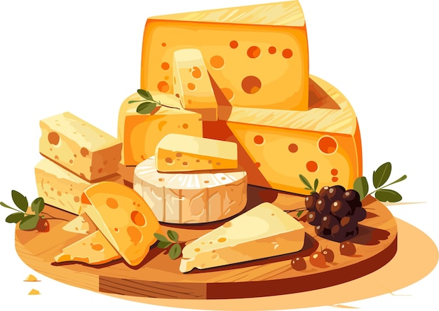 Various sorts of cheese on the table on neutral background isolated, vector illustration