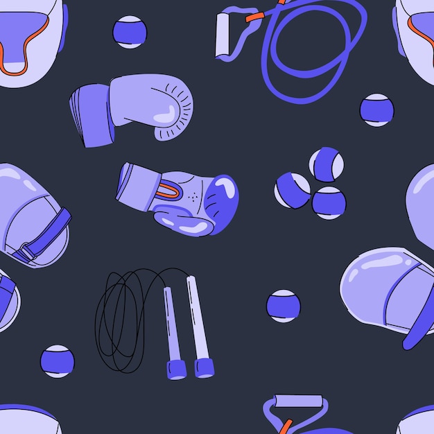 Various Sport equipment Boxing inventory and accessories seamless pattern