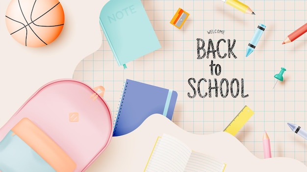 Various stationery and school suppliers for back to school in 3d realistic art style with pastel color vector illustration