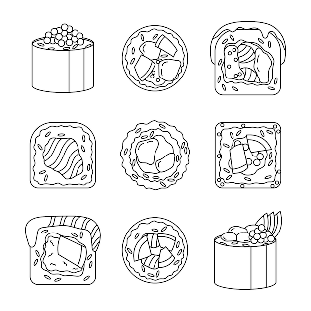 Various sushi line art doodle set isolated on a white background.