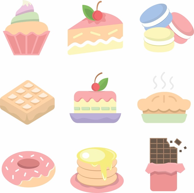 Various of Sweet Dessert Food Vector Illustration Bakery Food Chocolate Macaron Pancake Cupcake