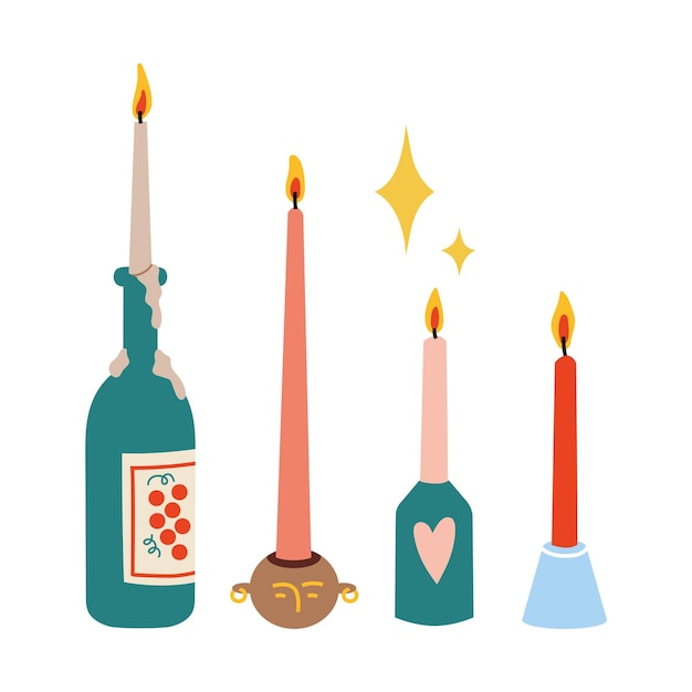 Varie candele coniche candelieri diversi in stile cartone animato illustrazione vettoriale moderna e alla moda isolata su sfondo bianco design piatto disegnato a mano