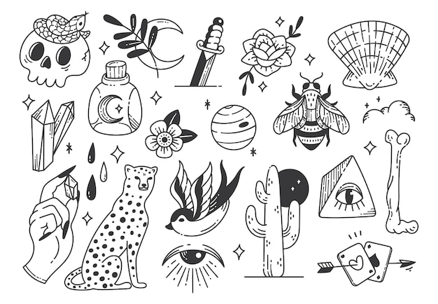 Various tattoo element doodle isolated on white