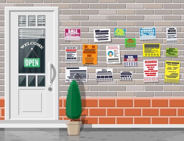 Vector various tear off papers ad on on brick wall. advertisement and announcement in big city. door on city street. sell, rent, missing human, credit, work, money. vector illustration in flat style