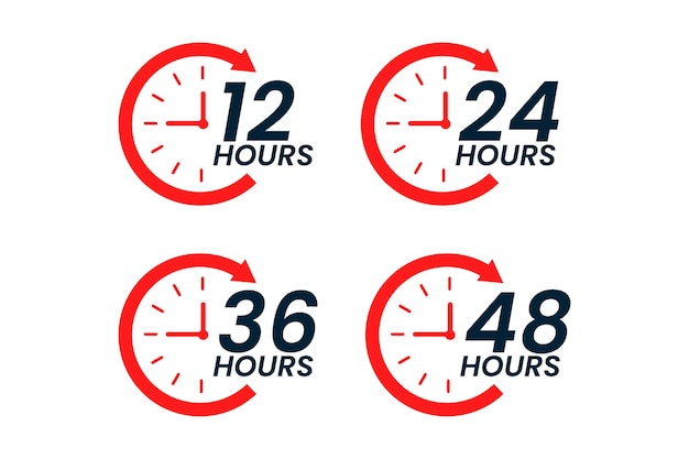 Вектор Различные наклейки времени 12 24 36 и 48 часов со стрелкой значок службы доставки заказа
