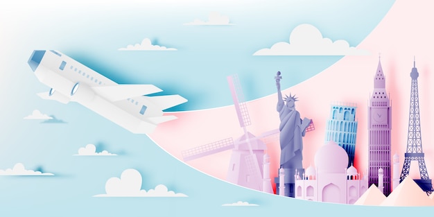 Various travel attractions in paper art style