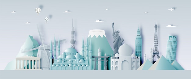 Vector various travel attractions in paper art style