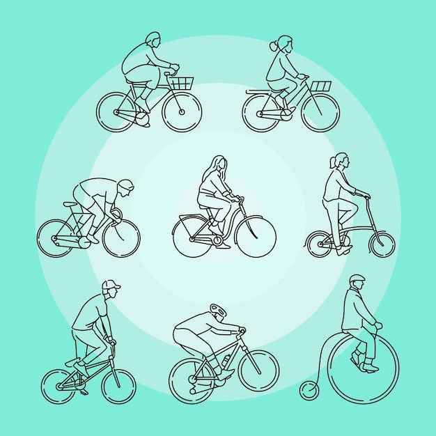 various types of biker with bicycles monoline vector collection
