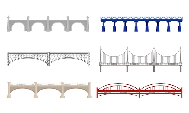 Vector various types of bridges made of concrete and metal isolated on white background vector set