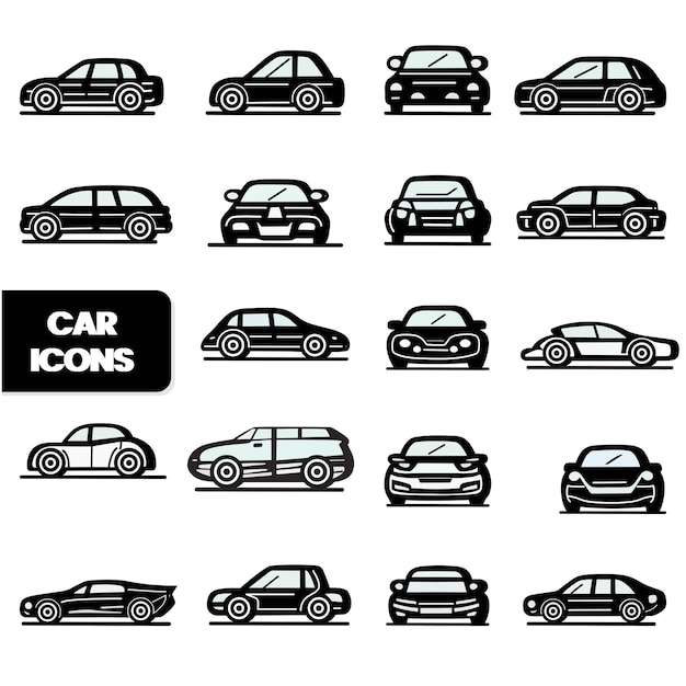 Various types of car icon in black and white color