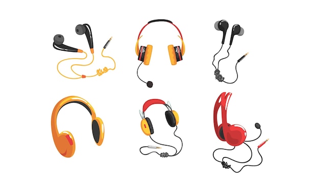 Various types of headphones and earphones collection wire accessories for listening music and gaming