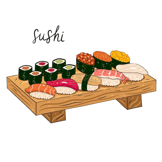 Various types of sushi maki gunkan served on a wooden tray isolate on a white background Vector graphics