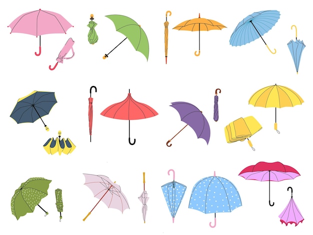 Various umbrellas folded parasol open umbrella for rainy weather different shape accessories vector set